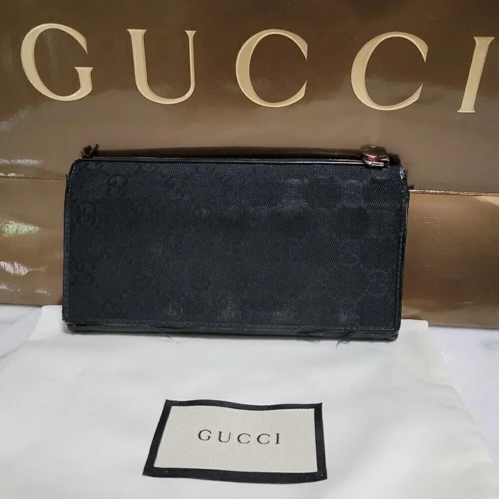 GUCCI GG Monogram Logo Black Leather Long Bifold Wallet 130590496334